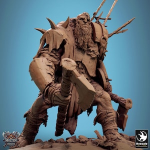 May include: A detailed brown sculpture of a warrior figure, posed with a weapon in each hand. The figure has a long beard and is wearing armor. The sculpture is set against a blue background. The Molten Hearts and Rescale logos are visible.