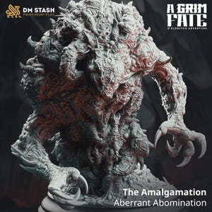 May include: A detailed, gray-toned miniature of "The Amalgamation, Aberrant Abomination" from "A Grim Fate" by DM Stash. The creature has a textured, organic appearance with sharp claws and a menacing pose, perfect for tabletop gaming.