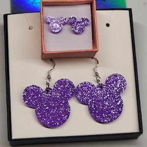 Mouse head glitter dangle and stud earrings, Glitter earrings, Mouse head earrings, Family Vacation Fun