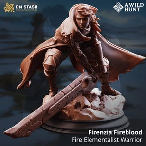 Peut inclure: Figurine marron de Firenzia Fireblood, Guerrier Élémentaire du Feu. La figurine est en position accroupie, tenant une grande épée. La figurine est sur une base rocheuse avec le texte "DM STASH PRINT.PAINT.PLAY" et "A WILD HUNT".