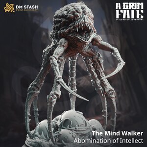 May include: A detailed, gray Mind Walker miniature with a brain-like head, sharp teeth, and multiple clawed limbs. The base reads "The Mind Walker Abomination of Intellect" with the "A Grim Fate" logo.
