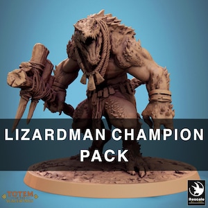 May include: A detailed, brown Lizardman Champion figurine, holding a wooden weapon. The figure has reptilian features, rope accents, and is on a circular base. Text on the image reads "Lizardman Champion Pack."