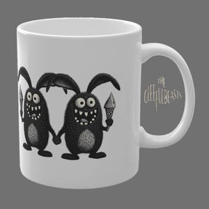 Funny Creatures Mug, Whimsical Ceramic Cup, Unique gift for coffee or tea lover, Surreal Cartoonish, Gothic Character Illustration Mug
