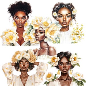 May include: Digital download file with watercolour illustrations of Black women decorated with flowers. The images include the text "Precropped Goodnotes & Individual Stickers Only Digital Download File."