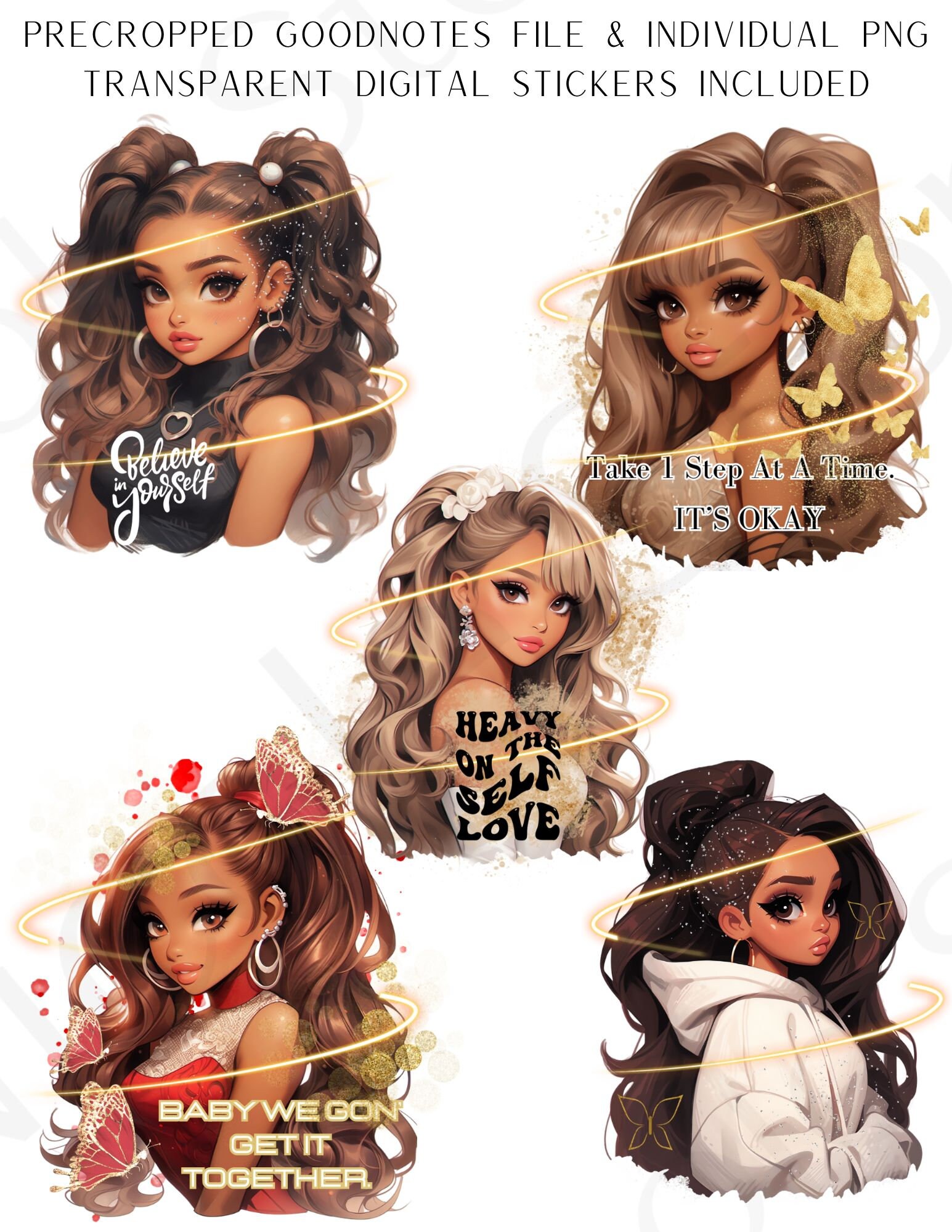 Latina Motivational Adorable Women Stickers|Precropped Goodnotes| Individual Transparent Stickers