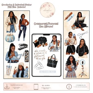 May include: A digital sticker set featuring illustrations of individuals in various outfits, a blue pumpkin, a stapler, a bookmark, a tumbler, a tablet displaying the text she made a plan, and followed through, a tote bag, scissors, and a ring light.