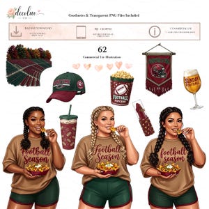 May include: A digital illustration set featuring three individuals in tan shirts with Football Season text, dark green shorts, and braided hair holding nachos. Includes a stadium view, green and maroon cap, popcorn, banner, lipstick, and beer glass.