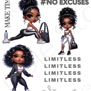 Black Girl Chibi Motivational Fitness Digital Stickers| Gym| Precropped Goodnotes| Transparent Individual Png Stickers