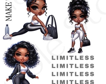 Black Girl Chibi Motivational Fitness Digital Stickers| Gym| Precropped Goodnotes| Transparent Individual Png Stickers