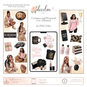 May include: A digital sticker collection featuring 60 PNG files for Goodnotes, including illustrations of people in loungewear, beauty products, books, mugs, and text graphics like 'I'm safe to slow down' and 'Self Care Club' on a tablet screen.