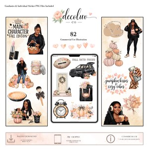 Black Woman Autumn Clipart, Cozy Seasonal Planner Stickers, Fall Digital Stickers, Digital Download File