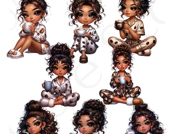 Latina Digital Stickers| Goodnotes Precropped Stickers| Latina Cozy Chibi Girl With Coffee| Digital Stickers| Individual Precropped Stickers