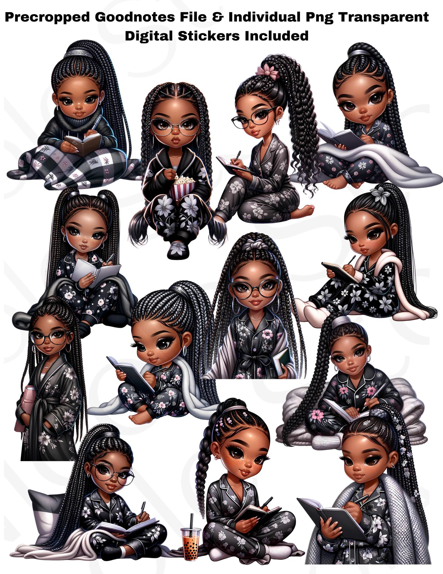 Cozy Chibi Black Girl Digital Stickers: Planner, Journal (Precropped PNG)