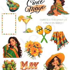 Stickers numériques Cinco De Mayo | Stickers numériques quotidiens|Bonnes notes prérecadrées| Stickers individuels
