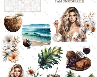 July Digital Stickers| Summer| Cocnut Stickers| Precropped Goodnotes| Png Individual Transparent Digital Stickers