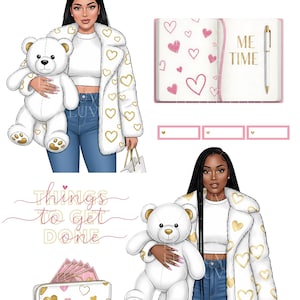 Puede incluir: Archivo de descarga digital con ilustraciones de una mujer con un oso de peluche, un cuaderno con el texto "ME TIME" y una cartera. La mujer lleva un top blanco, vaqueros azules y un abrigo blanco con detalles de corazón dorado. Incluye el texto "Things to get done".