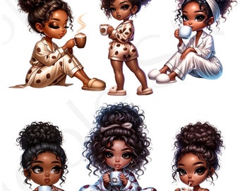 Black Girl Digital Stickers| Precropped Stickers| Black Girl Cozy Chibi Girl With Coffee| Digital Stickers| Individual Precropped Stickers