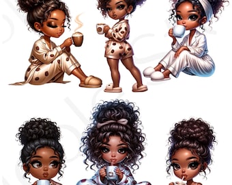 Black Girl Digital Stickers| Precropped Stickers| Black Girl Cozy Chibi Girl With Coffee| Digital Stickers| Individual Precropped Stickers