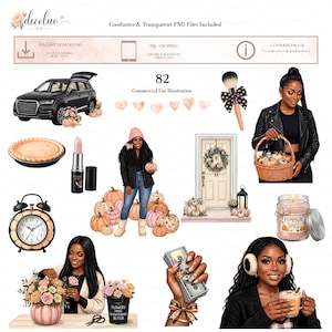 May include: A digital collection of 82 autumn-themed illustrations featuring a black SUV, a pumpkin pie, a lipstick, a person in a beanie with pumpkins, a front door with a wreath, a person with a pumpkin basket, a clock, a candle, and flowers.