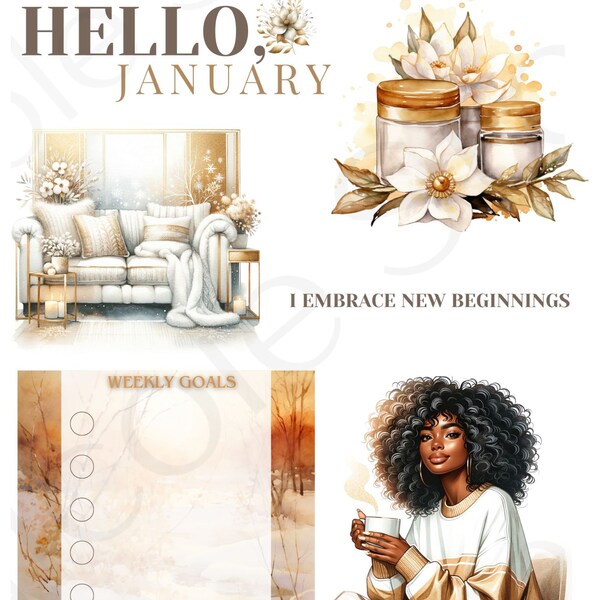 January Digital Stickers| Gold White Pastel Cozy Stickers| Digital Stickers| Goodnotes