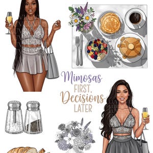 Puede incluir: Archivo de descarga digital con ilustraciones de mujeres, comida y arreglos florales. Incluye panqueques, fruta, flores y el texto "Mimosas First, Decisions Later". También incluye saleros y pimenteros, pan y copas de champán.