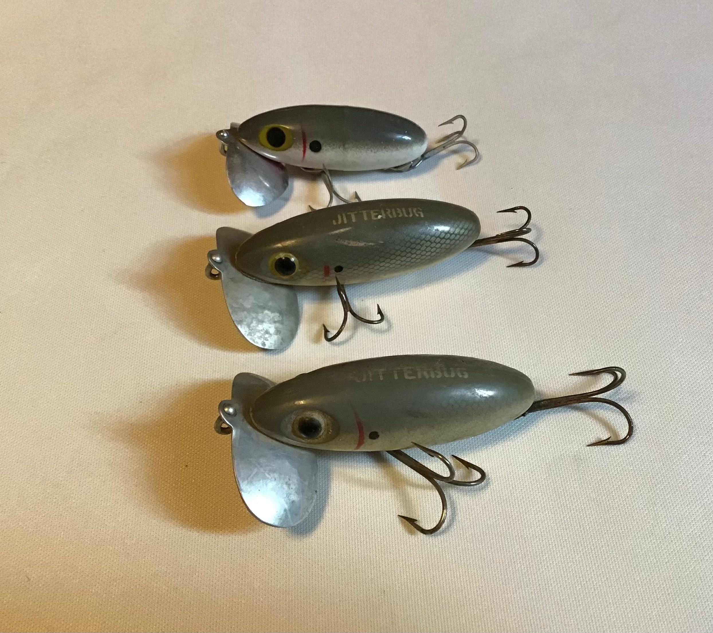 Rare Fred Arbogast jitterbug lures. Vintage collectible tackle in scarce  gray mouse colors. Great for display or collection.
