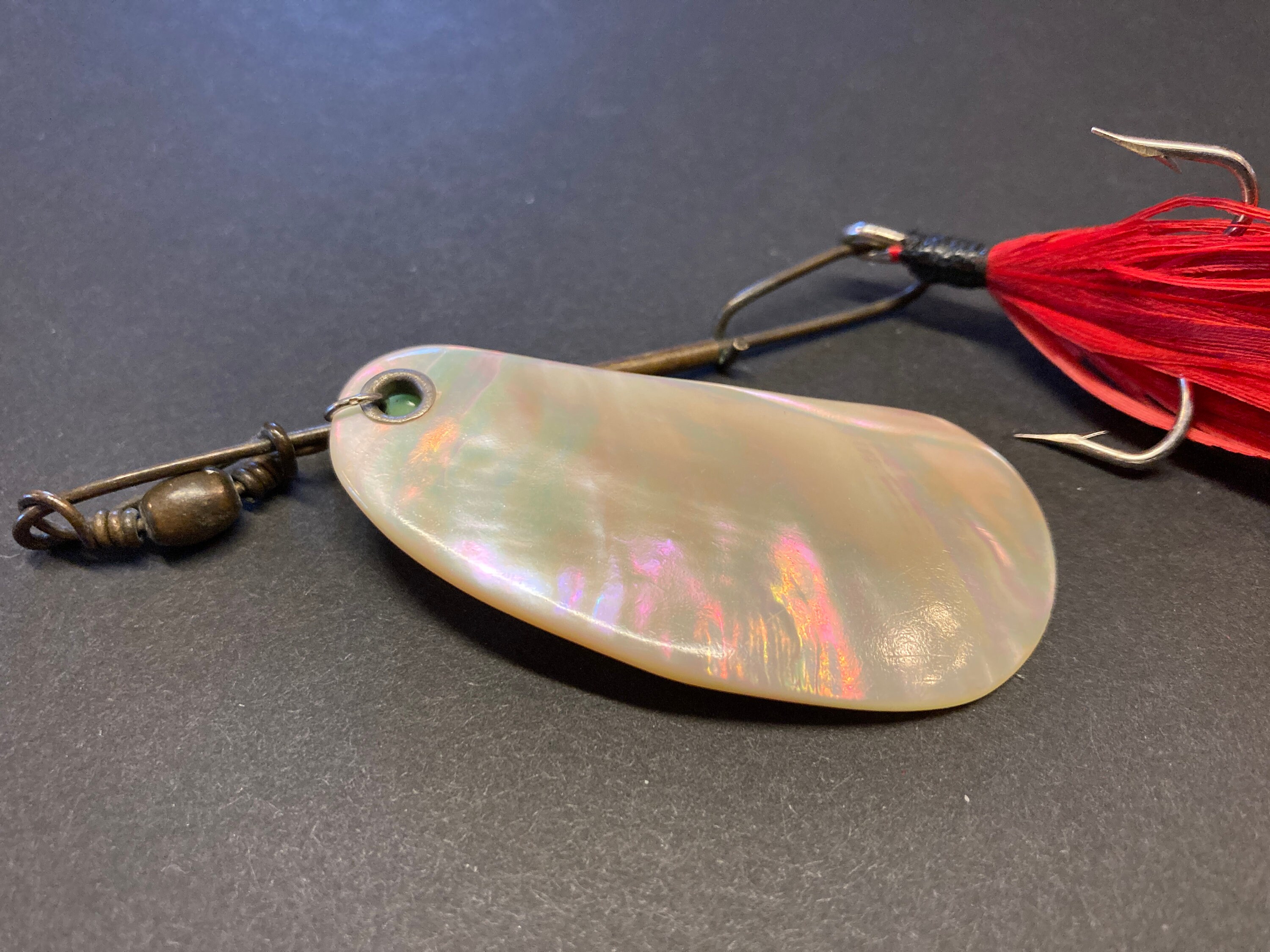 Beautiful Vintage Mother of Pearl Fishing Lure With Feathered Treble Hook.  Old Original Spinner Bait and Hardware. Great Shell Coloring -  New  Zealand