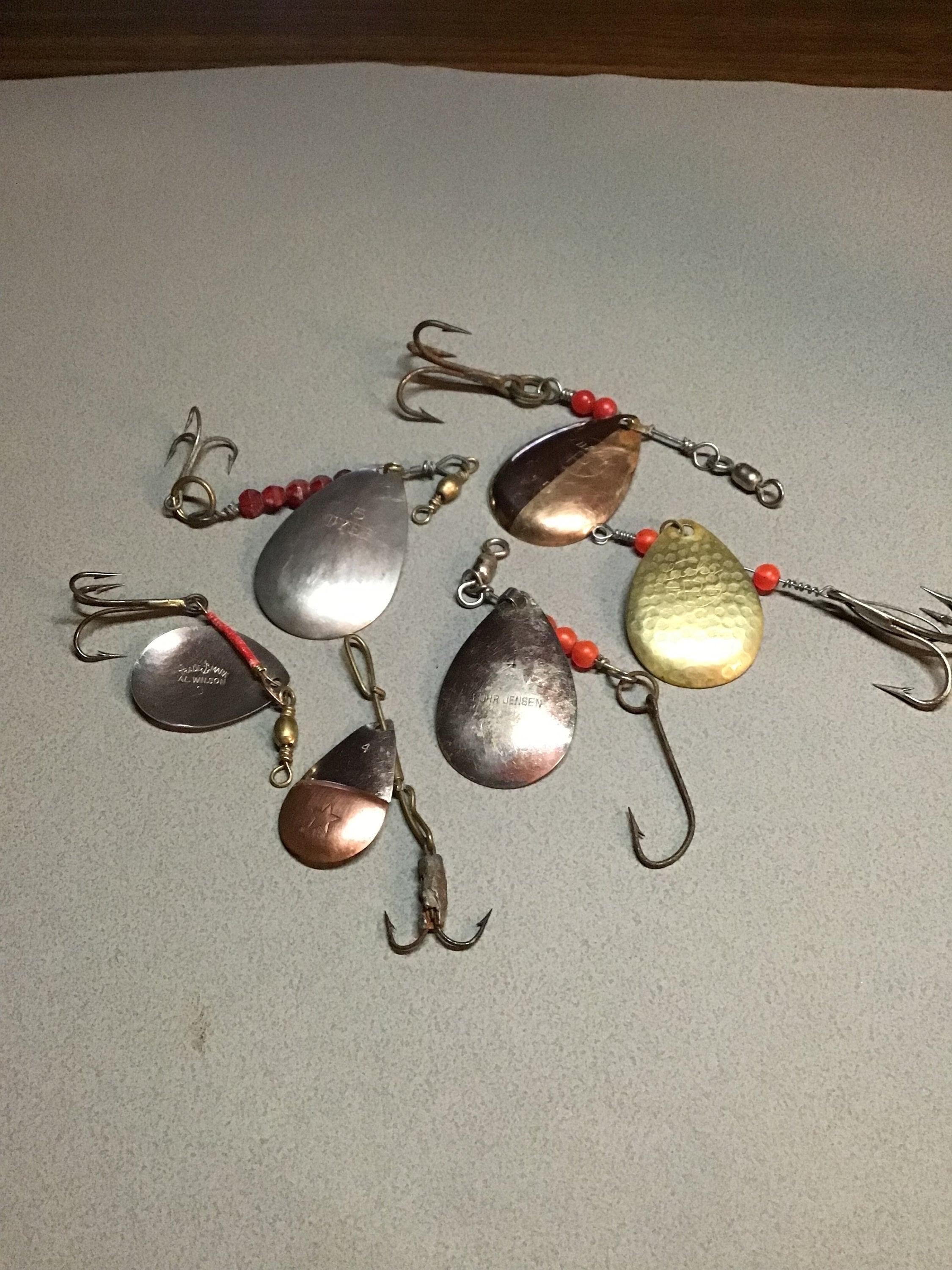 Rare Original Stamped Fishing Lures. Collectible Vintage Spinner Baits.  Luhr Jensen, Al Wilson, Tyee, Lucky R, Star Brand. Excellent Display 