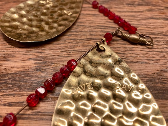 dave davis fishing lures Old Fishing Tackle Lure Vintage Dave Davis Downrigger Trolling Salmon  Flasher Spoons Red Beaded Line With Copper Color Hammered Blades