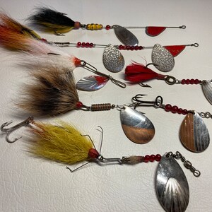 Vintage fishing lures collection. Large old rare tackle spinners hair skirted treble hooks Muskie northern pike