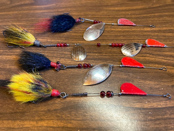 beaded fishing lures Old Collectable Fishing Lures. Rare In-line Spinners With Beautiful Hair  Skirted Hooks and Original Red Glass Beads. Nice Musky Pike Tackle