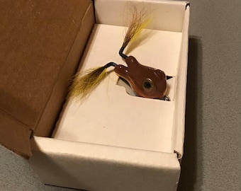 Collectible fishing lure display. Old handmade frog surface bait. Great bass fishing tackle. Would make for nice gift or own display
