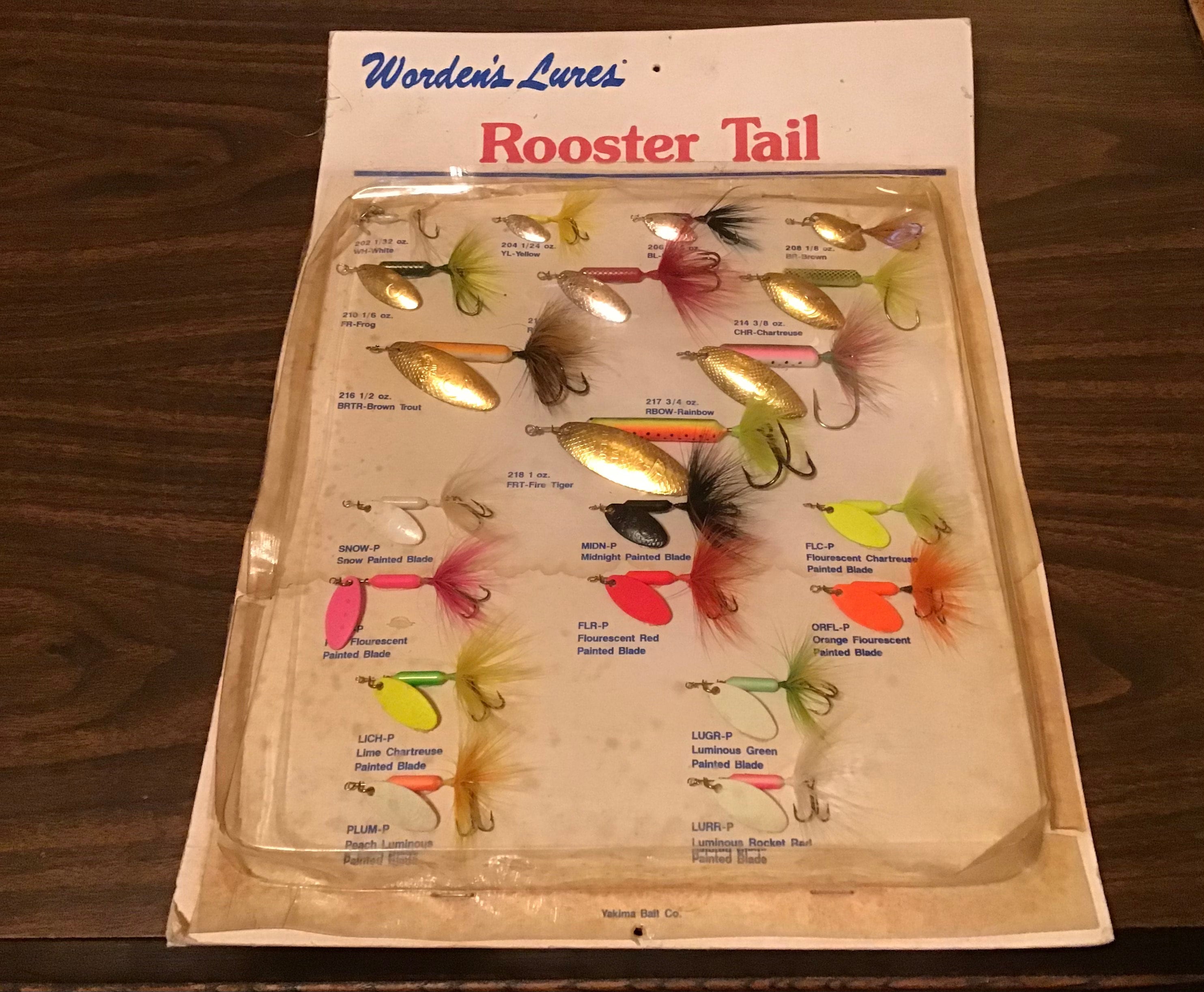 Old collectible fishing tackle store dealers display board. Vintage  original sealed Rooster Tail spinner baits by Worden’s. Great display.