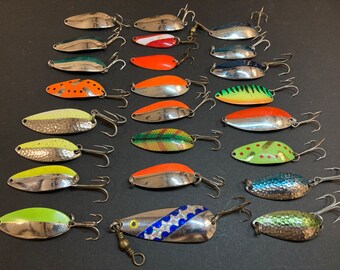 14 Fishing Lures, Orange and Gold Hammered Spoons, Aqua Spoon 