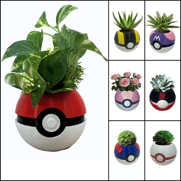 Pokemon Indoor Pot with Built-in Drip Tray 3D Printed Pokeball Inspired Succulent Planter Flower Pot Cool Desk Plant Pot Nintendo Homedecor