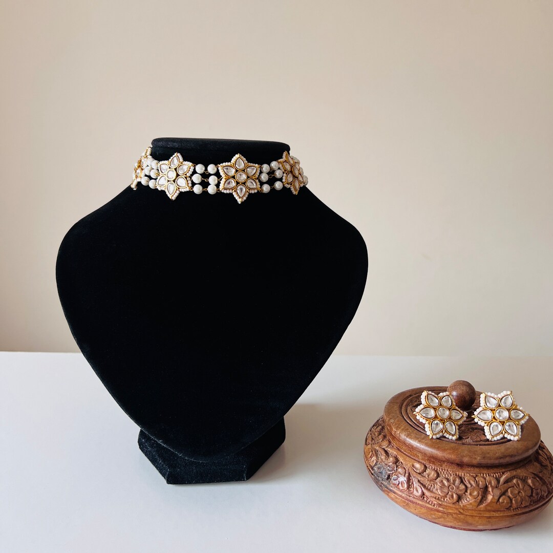 18k Gold Plated Kundan & Pearl Beaded Choker Set for Women/Girls