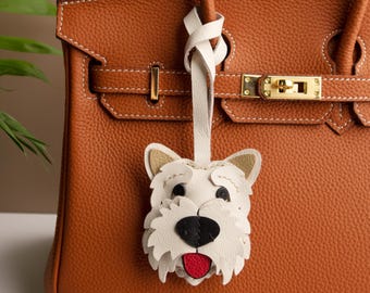 Westie Taschenanhänger aus Leder, handgefertigter Taschenanhänger, niedlicher Hündchen Schlüsselanhänger Geschenkidee Freund Familie Haustier Begleiter, Handtaschenanhänger aus Leder