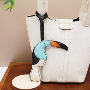 Leather Toucan Neko Charm,Leather Bag Charm, Leather Handbag and Purse Charm, Cute Bird Keychain, Unique leather accessory gift
