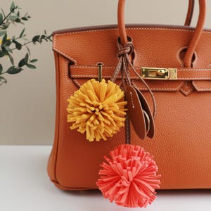 Handmade Leather Orange  Pompom Charm, Handmade Floral Charm, Cute Flower Leather Handbag/ Purse Charm, Flower Keychain,gift for her