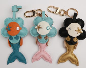 Handmade Mermaid Charm,Leather Bag Charm,Cute Mermaid Leather Handbag and Purse Charm,flowe Keychain,Mermaid Gift for Girls & Sea Lovers