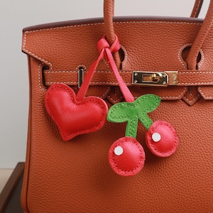 Leather Heart Bag Charm,Handmade cherry Car Charm,Cute Heart cherry Leather Handbag/ Purse Charm,cherry Keychain,Kawaii fruit handbag charm