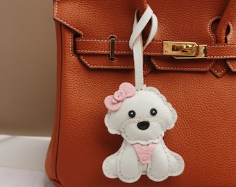 Handmade Leather Bichon Frise Charm, Leather Bag Charm,Cute Dog Keychain, Leather Handbag and Purse Charm, Handmade keychain Gift