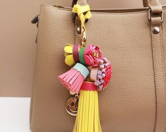 Leather flower with Tassel Charm, flower Bag Charm, Cute flower  Leather Handbag and Purse Charm, Tassel  Keychain,Bag Charm for Handbag