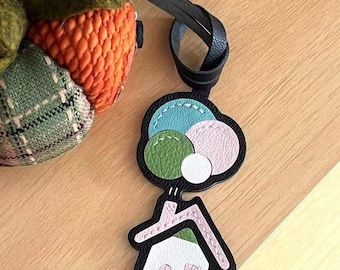 Leather Flying house and balloon charm,house Bag Charm, Cute balloon Leather Handbag and Purse Charm, Present for Outdoor Lovers