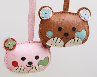Leather bear Charm, Leather Bag Charm, Leather Handbag and Purse Charm, Cute bear Keychain,gift for her birthday unique