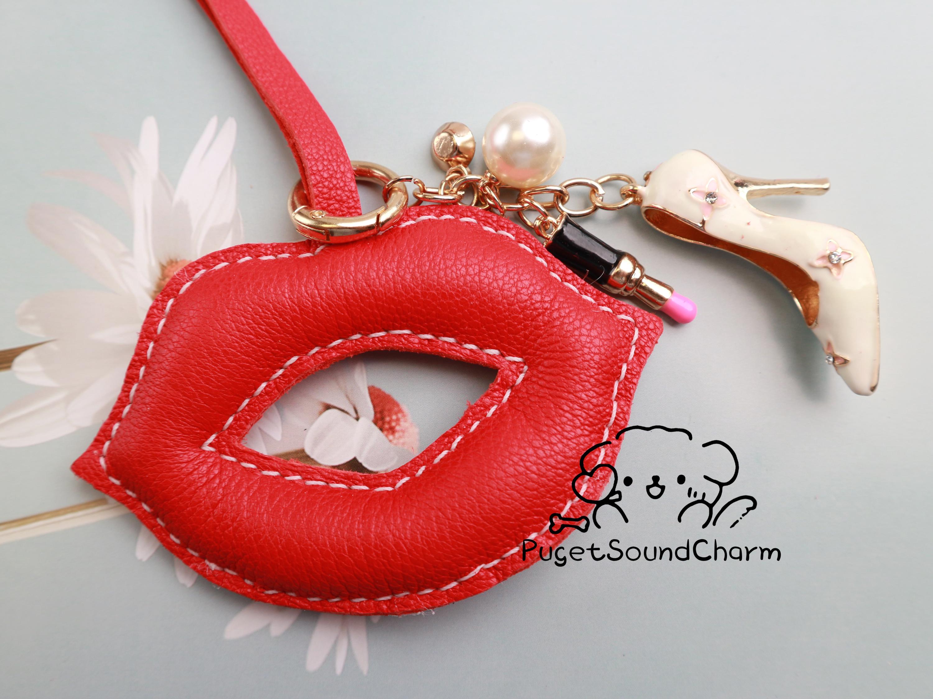 Leather Red Lip Charm,leather Bag Charm,handmade Leather Handbag