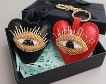 Leather Devil&#39;s Eye  Bag Charm, Handmade Heart with eyes Charm, Cute Heart Leather Handbag/ Purse Charm,Heart Keychain,Leather keychain gift
