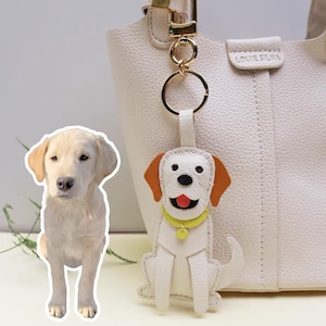 May include: A white leather dog keyring with orange ears and a yellow collar, attached to a gold keyring. A realistic image of a golden retriever is to the left of the keyring. A white leather bag is in the background.