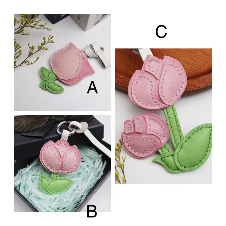 Handmade Leather pink Rose Bag Charm, Floral Keychain, rose key chain, handmade bag charm, keychain gift,mother day gift for her image 3
