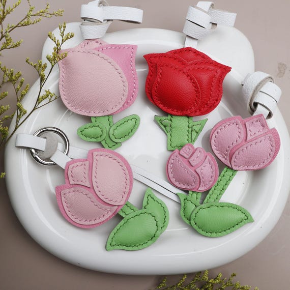 Handmade Leather pink Rose Bag Charm, Floral Keychain, rose key chain, handmade bag charm, keychain gift,mother day gift for her
